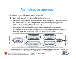 An indicative approach 
• Uncompressed video approach (based on 1) 
• Detects both abrupt and gradual shot transitions by: 
– Extracting global and local visual features (HSV histograms, ORB descriptors) 
for every frame and evaluating the differences between every pair of 
consecutives frames (abrupt transitions) 
– Analyzing the sequence of similarity scores, to identify patterns that 
correspond to progressive changes of the visual content and then applying 
dissolve, wipe and movement detectors (gradual transitions) 
1 E. Apostolidis, V. Mezaris, "Fast Shot Segmentation Combining Global and Local Visual Descriptors", Proc. IEEE Int. 
Conf. on Acoustics, Speech and Signal Processing (ICASSP), Florence, Italy, May 2014. 
Information Technologies Institute 2.12 
Centre for Research and Technology Hellas 
 