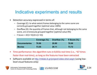 Indicative experiments and results 
• Detection accuracy expressed in terms of: 
– Coverage (C): to what extent frames belonging to the same scene are 
correctly grouped together (optimal value 100%) 
– Overflow (O): the quantity of frames that, although not belonging to the same 
scene, are erroneously grouped together (optimal value 0%) 
– F-Score = 2C(1−O)/(C+(1−O)) 
Coverage (%) Overflow (%) F-Score (%) 
Documentaries 76.96 20.80 78.06 
Movies 73.55 26.11 73.72 
• Time performance: the algorithm runs in 0,015x real time (i.e., ~67 times 
faster than real-time), as long as the features have been extracted 
• Software available at http://mklab.iti.gr/project/video-shot-segm (using low-level 
visual features only) 
Information Technologies Institute 2.24 
Centre for Research and Technology Hellas 
 