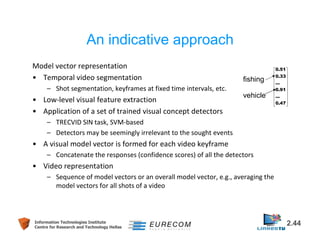 An indicative approach 
Model vector representation 
• Temporal video segmentation 
– Shot segmentation, keyframes at fixed time intervals, etc. 
• Low-level visual feature extraction 
• Application of a set of trained visual concept detectors 
– TRECVID SIN task, SVM-based 
– Detectors may be seemingly irrelevant to the sought events 
• A visual model vector is formed for each video keyframe 
fishing 
vehicle 
– Concatenate the responses (confidence scores) of all the detectors 
• Video representation 
  
  
  
  
  
  
  
  
  
– Sequence of model vectors or an overall model vector, e.g., averaging the 
model vectors for all shots of a video 
0.51 
0.33 
... 
0.91 
... 
0.47 
Information Technologies Institute 2.44 
Centre for Research and Technology Hellas 
 