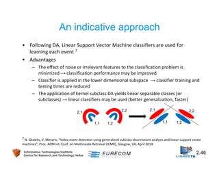 An indicative approach 
• Following DA, Linear Support Vector Machine classifiers are used for 
learning each event 7 
• Advantages 
– The effect of noise or irrelevant features to the classification problem is 
minimized → classification performance may be improved 
– Classifier is applied in the lower dimensional subspace → classifier training and 
testing times are reduced 
– The application of kernel subclass DA yields linear separable classes (or 
subclasses) → linear classifiers may be used (better generalization, faster) 
2,1 2,2 2,1 2,2 
1,1 1,2 1,1 1,2 
7 N. Gkalelis, V. Mezaris, "Video event detection using generalized subclass discriminant analysis and linear support vector 
machines", Proc. ACM Int. Conf. on Multimedia Retrieval (ICMR), Glasgow, UK, April 2014. 
Information Technologies Institute 2.46 
Centre for Research and Technology Hellas 
 
