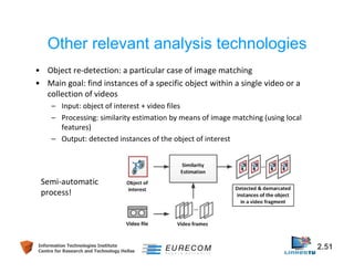 Other relevant analysis technologies 
• Object re-detection: a particular case of image matching 
• Main goal: find instances of a specific object within a single video or a 
collection of videos 
– Input: object of interest + video files 
– Processing: similarity estimation by means of image matching (using local 
features) 
– Output: detected instances of the object of interest 
Semi-automatic 
process! 
Information Technologies Institute 2.51 
Centre for Research and Technology Hellas 
 