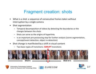 Fragment creation: shots 
• What is a shot: a sequence of consecutive frames taken without 
interruption by a single camera 
• Shot segmentation 
– Temporal decomposition of videos by detecting the boundaries or the 
changes between the shots 
– Shots can serve as the origins of hyperlinks 
– Is an important pre-processing step for further analysis (scene segmentation, 
concept/event detection, object re-detection) 
• Shot change is manifested by a shift in visual content 
– Two basic types of transitions: ABRUPT transitions 
Shot k Shot k+1 
Information Technologies Institute 2.7 
Centre for Research and Technology Hellas 
 