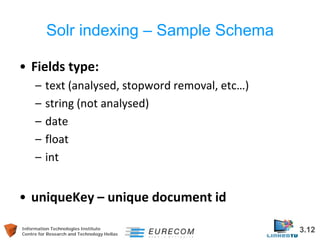 Information Technologies Institute 3.12 
Centre for Research and Technology Hellas 
Solr indexing – Sample Schema 
• 
Fields type: 
– 
text (analysed, stopword removal, etc…) 
– 
string (not analysed) 
– 
date 
– 
float 
– 
int 
• 
uniqueKey – unique document id 
 