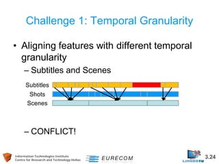 Information Technologies Institute 3.24 
Centre for Research and Technology Hellas 
Challenge 1: Temporal Granularity 
• 
Aligning features with different temporal granularity 
– 
Subtitles and Scenes 
– 
CONFLICT! 
Subtitles 
Shots 
Scenes  