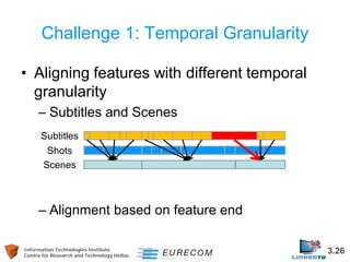 Information Technologies Institute 3.26 
Centre for Research and Technology Hellas 
Challenge 1: Temporal Granularity 
• 
Aligning features with different temporal granularity 
– 
Subtitles and Scenes 
– 
Alignment based on feature end 
Subtitles 
Shots 
Scenes  
