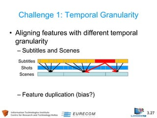 Information Technologies Institute 3.27 
Centre for Research and Technology Hellas 
Challenge 1: Temporal Granularity 
• 
Aligning features with different temporal granularity 
– 
Subtitles and Scenes 
– 
Feature duplication (bias?) 
Subtitles 
Shots 
Scenes  