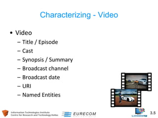 Information Technologies Institute 3.5 
Centre for Research and Technology Hellas 
Characterizing - Video 
• 
Video 
– 
Title / Episode 
– 
Cast 
– 
Synopsis / Summary 
– 
Broadcast channel 
– 
Broadcast date 
– 
URI 
– 
Named Entities 
 