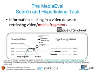 Information Technologies Institute 3.60 
Centre for Research and Technology Hellas 
The MediaEval Search and Hyperlinking Task 
• 
Information seeking in a video dataset: retrieving video/media fragments 
Eskevich, M., Aly, R., Ordelman, R., Chen, S., Jones, G. J.F. The Search and Hyperlinking Task at MediaEval 2013. In Proceedings of the MediaEval 2013 Multimedia Benchmark Workshop, CEUR-WS.org, 1043, ISSN: 1613-0073. Barcelona, Spain, 2013.  