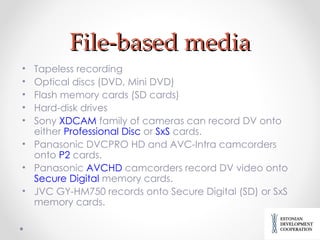 File-based media Tapeless recording Optical discs (DVD, Mini DVD) Flash memory cards (SD cards) Hard-disk drives Sony  XDCAM  family of cameras can record DV onto either  Professional Disc  or  SxS  cards. Panasonic DVCPRO HD and AVC-Intra camcorders onto  P2  cards. Panasonic  AVCHD  camcorders record DV video onto  Secure Digital  memory cards. JVC GY-HM750 records  onto  Secure Digita l (SD)  or SxS memory cards. 