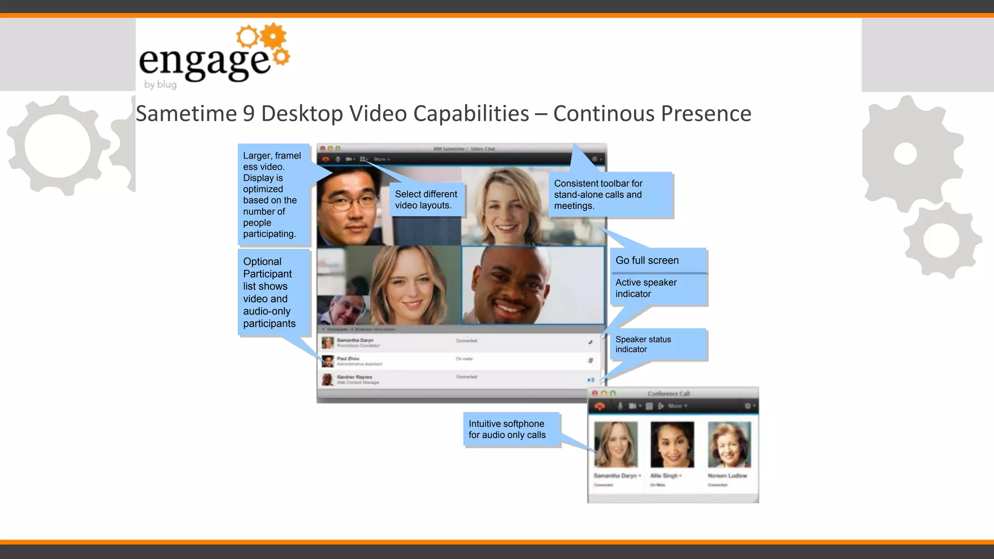 Sametime 9 Desktop Video Capabilities – Continous Presence
Optional
Participant
list shows
video and
audio-only
participants
Select different
video layouts.
Larger, framel
ess video.
Display is
optimized
based on the
number of
people
participating.
Consistent toolbar for
stand-alone calls and
meetings.
Active speaker
indicator
Intuitive softphone
for audio only calls
Speaker status
indicator
Go full screen
 
