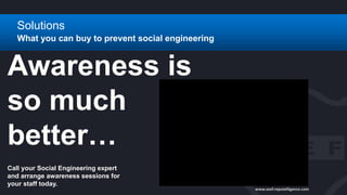 www.seef.reputelligence.com
Solutions
What you can buy to prevent social engineering
Call your Social Engineering expert
and arrange awareness sessions for
your staff today.
Awareness is
so much
better…
 