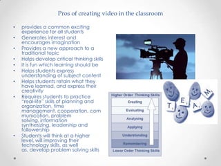 Pros of creating video in the classroom

•   provides a common exciting
    experience for all students
•   Generates interest and
    encourages imagination
•   Provides a new approach to a
    traditional topic
•   Helps develop critical thinking skills
•   It is fun which learning should be
•   Helps students express
    understanding of subject content
•   Helps students retain what they
    have learned, and express their
    creativity
•   Requires students to practice
    “real-life” skills of planning and
    organization, time
    management, cooperation, com
    munication, problem
    solving, information
    synthesizing, leadership and
    followership
•   Students will think at a higher
    level, will improving their
    technology skills, as well
    as, develop problem solving skills
 