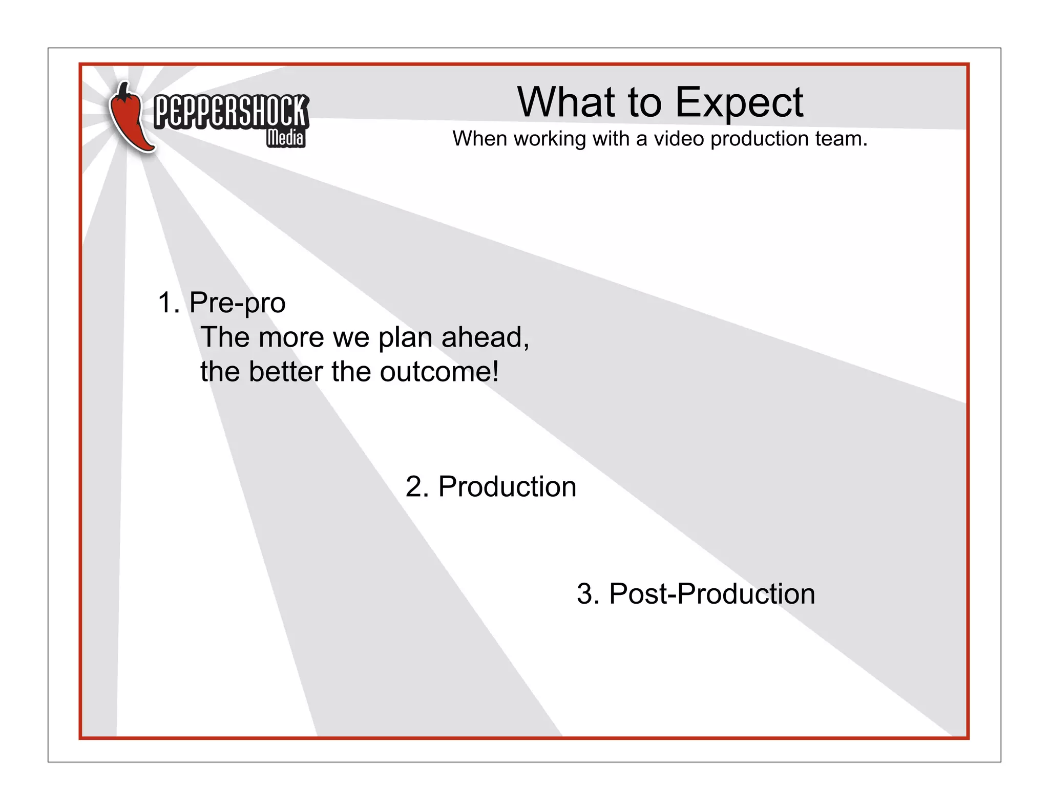 What to Expect
                     When working with a video production team.




1. Pre-pro
    The more we plan ahead,
    the better the outcome!


                 2. Production


                                 3. Post-Production
 