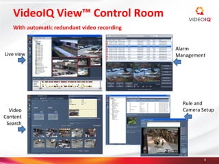 VideoIQ View™ Control Room
   With automatic redundant video recording


                                              Alarm
Live view                                     Management




                                                Rule and
  Video                                         Camera Setup
Content
 Search




                                                        9
 