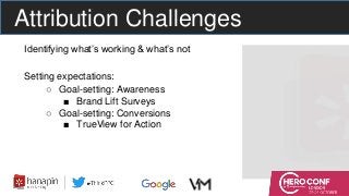 Attribution Challenges
Identifying what’s working & what’s not
Setting expectations:
○ Goal-setting: Awareness
■ Brand Lift Surveys
○ Goal-setting: Conversions
■ TrueView for Action
 