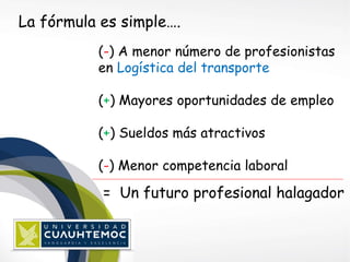 La fórmula es simple…. 
(-) A menor número de profesionistas 
en Logística del transporte 
(+) Mayores oportunidades de empleo 
(+) Sueldos más atractivos 
(-) Menor competencia laboral 
= Un futuro profesional halagador 
 