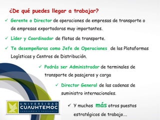 ¿De qué puedes llegar a trabajar? 
 Gerente o Director de operaciones de empresas de transporte o 
de empresas exportadoras muy importantes. 
 Líder y Coordinador de flotas de transporte. 
 Te desempeñaras como Jefe de Operaciones de las Plataformas 
Logísticas y Centros de Distribución. 
 Podrás ser Administrador de terminales de 
transporte de pasajeros y carga 
 Director General de las cadenas de 
suministro internacionales. 
 Y muchos más otros puestos 
estratégicos de trabajo…. 
 