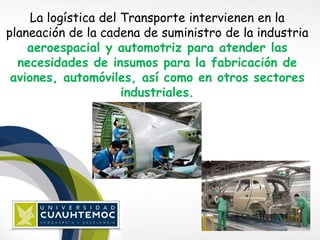 La logística del Transporte intervienen en la 
planeación de la cadena de suministro de la industria 
aeroespacial y automotriz para atender las 
necesidades de insumos para la fabricación de 
aviones, automóviles, así como en otros sectores 
industriales. 
 