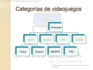 Categorías de videojuegos 
Aventura Rol 
Presentado por: Juan Sebastián Aguilar Aldana. Cód. 
625226 
Bogotá D.C 2014 -09-06 Universidad Católica de Colombia 
Videojuegos 
Acción 
Peleas Disparos 
MMORPG RPG 
Carreras 
 