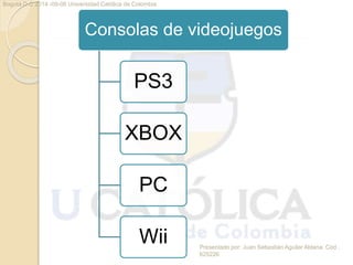 Presentado por: Juan Sebastián Aguilar Aldana. Cód.. 
625226 
Bogotá D.C 2014 -09-06 Universidad Católica de Colombia 
Consolas de videojuegos 
PS3 
XBOX 
PC 
Wii 
 