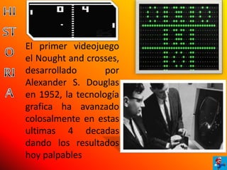 El primer videojuego
el Nought and crosses,
desarrollado por
Alexander S. Douglas
en 1952, la tecnología
grafica ha avanzado
colosalmente en estas
ultimas 4 decadas
dando los resultados
hoy palpables
 