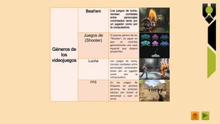 Géneros de
los
videojuegos
Beat'em Los juegos de lucha,
recrean combates
entre personajes
controlados tanto por
un jugador como por
la computadora.
Juegos de
(Shooter)
El popular género de los
"Shooter", es aquel en
que se controla
generalmente una nave
espacial que dispara
proyectiles.
Lucha Los juegos de lucha,
recrean combates entre
personajes controlados
tanto por un jugador
como por la
computadora.
FPS En los juegos de
Disparos en primera
persona, las acciones
básicas son mover al
personaje y usar un
arma.
 