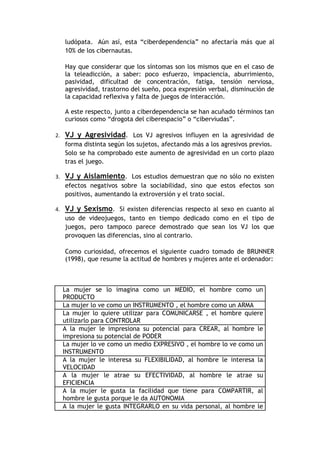 ludópata. Aún así, esta “ciberdependencia” no afectaría más que al
     10% de los cibernautas.

     Hay que considerar que los síntomas son los mismos que en el caso de
     la teleadicción, a saber: poco esfuerzo, impaciencia, aburrimiento,
     pasividad, dificultad de concentración, fatiga, tensión nerviosa,
     agresividad, trastorno del sueño, poca expresión verbal, disminución de
     la capacidad reflexiva y falta de juegos de interacción.

     A este respecto, junto a ciberdependencia se han acuñado términos tan
     curiosos como “drogota del ciberespacio” o “ciberviudas”.

2.   VJ y Agresividad. Los VJ agresivos influyen en la agresividad de
     forma distinta según los sujetos, afectando más a los agresivos previos.
     Solo se ha comprobado este aumento de agresividad en un corto plazo
     tras el juego.

3.   VJ y Aislamiento. Los estudios demuestran que no sólo no existen
     efectos negativos sobre la sociabilidad, sino que estos efectos son
     positivos, aumentando la extroversión y el trato social.

4.   VJ y Sexismo. Si existen diferencias respecto al sexo en cuanto al
     uso de videojuegos, tanto en tiempo dedicado como en el tipo de
     juegos, pero tampoco parece demostrado que sean los VJ los que
     provoquen las diferencias, sino al contrario.

     Como curiosidad, ofrecemos el siguiente cuadro tomado de BRUNNER
     (1998), que resume la actitud de hombres y mujeres ante el ordenador:



     La mujer se lo imagina como un MEDIO, el hombre como un
     PRODUCTO
     La mujer lo ve como un INSTRUMENTO , el hombre como un ARMA
     La mujer lo quiere utilizar para COMUNICARSE , el hombre quiere
     utilizarlo para CONTROLAR
     A la mujer le impresiona su potencial para CREAR, al hombre le
     impresiona su potencial de PODER
     La mujer lo ve como un medio EXPRESIVO , el hombre lo ve como un
     INSTRUMENTO
     A la mujer le interesa su FLEXIBILIDAD, al hombre le interesa la
     VELOCIDAD
     A la mujer le atrae su EFECTIVIDAD, al hombre le atrae su
     EFICIENCIA
     A la mujer le gusta la facilidad que tiene para COMPARTIR, al
     hombre le gusta porque le da AUTONOMIA
     A la mujer le gusta INTEGRARLO en su vida personal, al hombre le
 