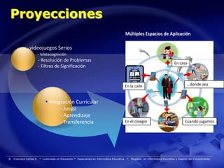 Proyecciones
                                                                                            Múltiples Espacios de Aplicación

              videojuegos Serios
                      - Metacognición
                      - Resolución de Problemas
                                                                                                                                 En casa
                      - Filtros de Significación


                                                                                            En la calle                                    …donde sea



                             Integración Curricular
                                   - Juego
                                   - Aprendizaje
                                   - Transferencia                                          En el colegio                                Cuando jugamos




®   Francisco Larrea S. * Licenciado en Educación * Especialista en Informática Educativa    *   Magister en Informática Educativa y Gestión del Conocimiento
 