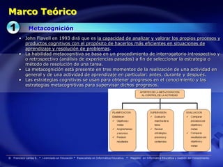 Marco Teórico
               Metacognición
        • John Flavell en 1993 dirá que es la capacidad de analizar y valorar los propios procesos y
          productos cognitivos con el propósito de hacerlos más eficientes en situaciones de
          aprendizaje y resolución de problemas.
        • La habilidad metacognitiva se basa en un procedimiento de interrogatorio introspectivo y
          o retrospectivo (análisis de experiencias pasadas) a fin de seleccionar la estrategia o
          método de resolución de una tarea.
        • La metacognición está presente en tres momentos de la realización de una actividad en
          general y de una actividad de aprendizaje en particular: antes, durante y después.
        • Las estrategias cognitivas se usan para obtener progresos en el conocimiento y las
          estrategias metacognitivas para supervisar dichos progresos.




®   Francisco Larrea S. * Licenciado en Educación * Especialista en Informática Educativa   *   Magister en Informática Educativa y Gestión del Conocimiento
 