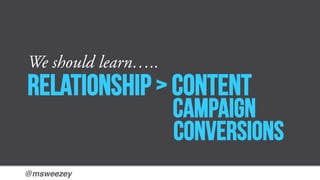 @msweezey!
Relationship > CONTENT
We should learn…..
Campaign
CONVERSIONS
 