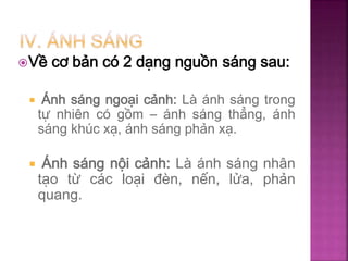 Về cơ bản có 2 dạng nguồn sáng sau:
 Ánh sáng ngoại cảnh: Là ánh sáng trong
tự nhiên có gồm – ánh sáng thẳng, ánh
sáng khúc xạ, ánh sáng phản xạ.
 Ánh sáng nội cảnh: Là ánh sáng nhân
tạo từ các loại đèn, nến, lửa, phản
quang.
 