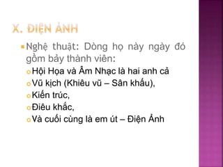  Nghệ thuật: Dòng họ này ngày đó
gồm bảy thành viên:
Hội Họa và Âm Nhạc là hai anh cả
Vũ kịch (Khiêu vũ – Sân khấu),
Kiến trúc,
Điêu khắc,
Và cuối cùng là em út – Điện Ảnh
 