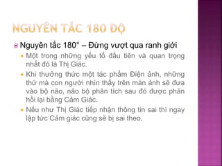  Nguyên tắc 180° – Đừng vượt qua ranh giới
 Một trong những yếu tố đầu tiên và quan trọng
nhất đó là Thị Giác.
 Khi thưởng thức một tác phẩm Điện ảnh, những
thứ mà con người nhìn thấy trên màn ảnh sẽ đưa
vào bộ não, não bộ phân tích sau đó được phản
hồi lại bằng Cảm Giác.
 Nếu như Thị Giác tiếp nhận thông tin sai thì ngay
lập tức Cảm giác cũng sẽ bị sai theo.
 