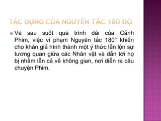sau suốt quá trình dài của Cảnh
Phim, việc vi phạm Nguyên tắc 180° khiến
cho khán giả hình thành một ý thức lẫn lộn sự
tương quan giữa các Nhân vật và dẫn tới họ
bị nhầm lẫn cả về không gian, nơi diễn ra câu
chuyện Phim.

 Và

 