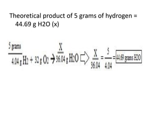 Theoretical product of 5 grams of hydrogen =
44.69 g H2O (x)
 