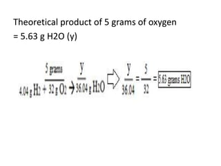 Theoretical product of 5 grams of oxygen
= 5.63 g H2O (y)
 
