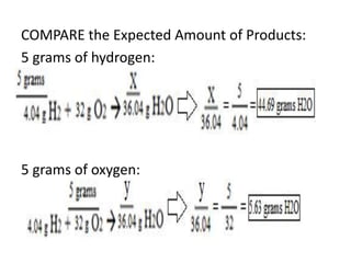 COMPARE the Expected Amount of Products:
5 grams of hydrogen:
5 grams of oxygen:
 