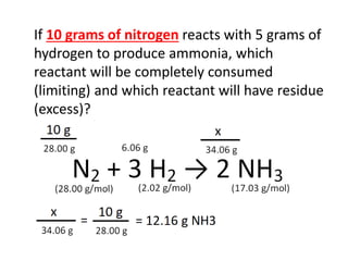 If 10 grams of nitrogen reacts with 5 grams of
hydrogen to produce ammonia, which
reactant will be completely consumed
(limiting) and which reactant will have residue
(excess)?
 
