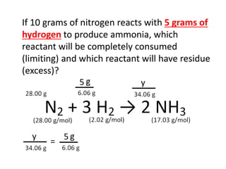 If 10 grams of nitrogen reacts with 5 grams of
hydrogen to produce ammonia, which
reactant will be completely consumed
(limiting) and which reactant will have residue
(excess)?
 