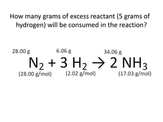 How many grams of excess reactant (5 grams of
hydrogen) will be consumed in the reaction?
 