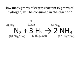 How many grams of excess reactant (5 grams of
hydrogen) will be consumed in the reaction?
 