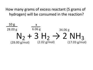 How many grams of excess reactant (5 grams of
hydrogen) will be consumed in the reaction?
 