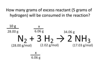 How many grams of excess reactant (5 grams of
hydrogen) will be consumed in the reaction?
 