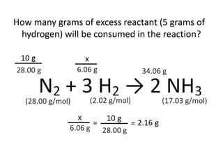 How many grams of excess reactant (5 grams of
hydrogen) will be consumed in the reaction?
 