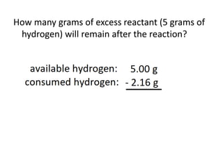 How many grams of excess reactant (5 grams of
hydrogen) will remain after the reaction?
 