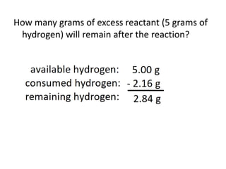 How many grams of excess reactant (5 grams of
hydrogen) will remain after the reaction?
 