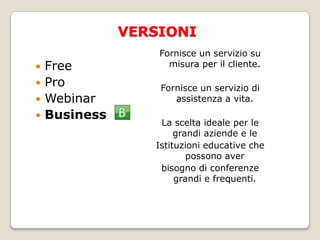 VERSIONIPermette a chiunque di effettuarepresentazioni sincronizzate dal vivo,mostrare lavagne e pagine web econdividere la loro voce e video su Internet.10 PersonMeetingsVOIP AudioTeleconference  Audio BridgeOne way video (for the host)Public and Private ChatmyScreenDocument Upload durante e dopo il meetingLavagnaMeeting SchedulingWidgetFreeProWebinarBusiness
