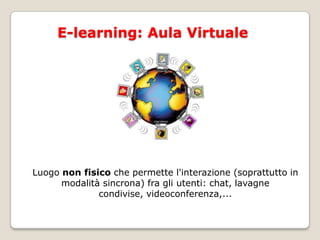 E-learning: Aula VirtualeLuogo non fisico che permette l'interazione (soprattutto in modalità sincrona) fra gli utenti: chat, lavagne condivise, videoconferenza,...