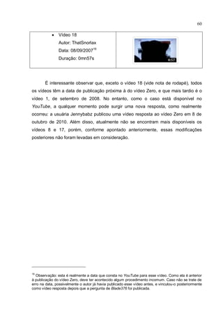 60

               Vídeo 18
               Autor: ThatSnorlax
               Data: 08/09/200716
               Duração: 0mn57s




       É interessante observar que, exceto o vídeo 18 (vide nota de rodapé), todos
os vídeos têm a data de publicação próxima à do vídeo Zero, e que mais tardio é o
vídeo 1, de setembro de 2008. No entanto, como o caso está disponível no
YouTube, a qualquer momento pode surgir uma nova resposta, como realmente
ocorreu: a usuária Jennybabz publicou uma vídeo resposta ao vídeo Zero em 8 de
outubro de 2010. Além disso, atualmente não se encontram mais disponíveis os
vídeos 8 e 17, porém, conforme apontado anteriormente, essas modificações
posteriores não foram levadas em consideração.




16
  Observação: esta é realmente a data que consta no YouTube para esse vídeo. Como ela é anterior
à publicação do vídeo Zero, deve ter acontecido algum procedimento incomum. Caso não se trate de
erro na data, possivelmente o autor já havia publicado esse vídeo antes, e vinculou-o posteriormente
como vídeo resposta depois que a pergunta de Blade376 foi publicada.
 