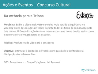 Da webtela para a Telona Mecânica : Exibir o vídeo mais visto e o vídeo mais votado da quinzena no Videolog antes das sessões de filmes durante todos os finais de semana Durante dois meses. O Grupo Estação terá sua marca exposta na home do site assim como a parceria seria divulgada para os usuários. Público : Produtores de vídeo pró e amadores Objetivo : Estimular a produção de vídeos com qualidade e conteúdo e a divulgação dos vídeos online. OBS: Parceria com o Grupo Estação ou Lei Rouanet Ações e Eventos – Concurso Cultural 
